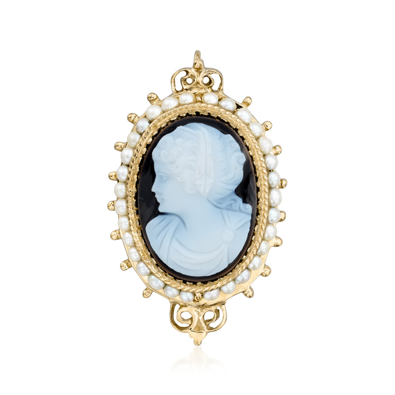 Vintage cameo pin/pendant, blue profile in dark bezel, 14kt gold with seed pearls