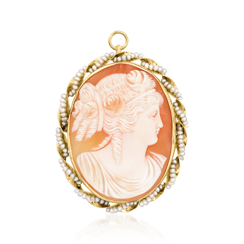 Vintage orange shell cameo pin/pendant in 10kt yellow gold with seed pearl border