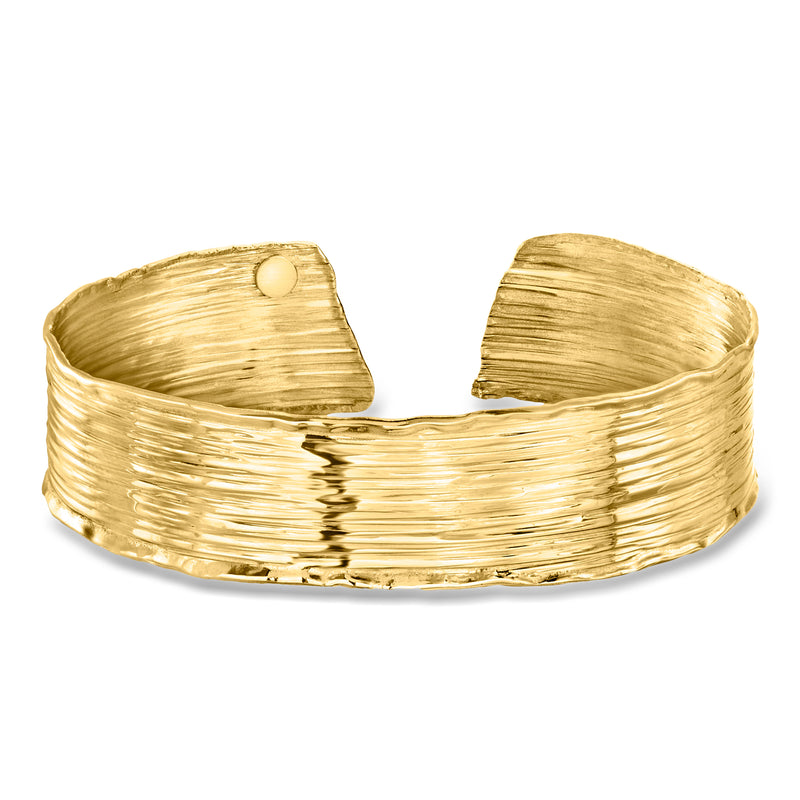 18kt gold over sterling cuff bracelet with hammered texture and round clasp tab