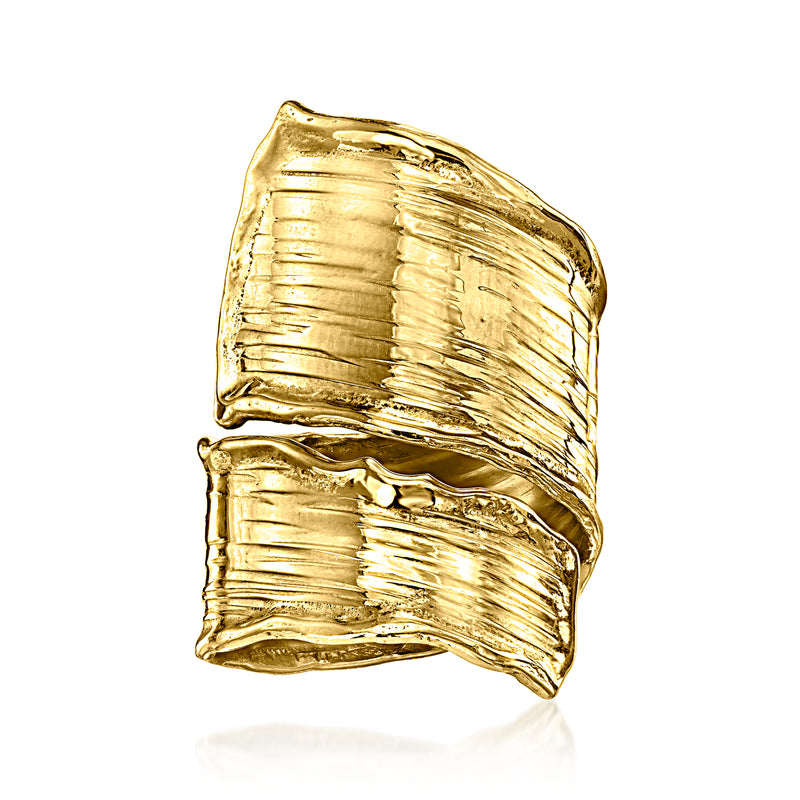 Gold over sterling bypass ring with ribbed texture, open cuff design