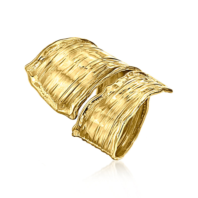 Gold over sterling bypass ring, ribbed hammered texture, open cuff profile