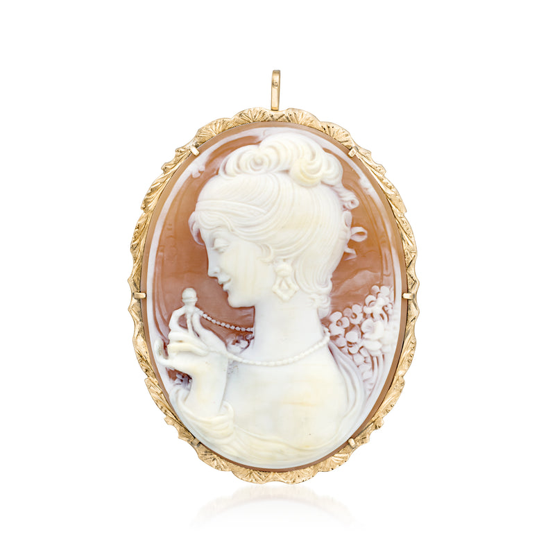 Vintage 14kt yellow gold cameo pin with white shell woman profile and brown backing