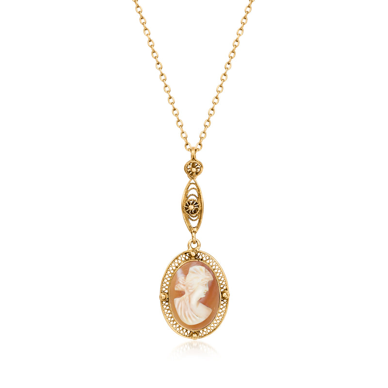Vintage brown shell cameo pendant necklace in 10kt yellow gold, oval drop charm