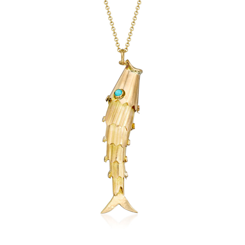 Vintage 14kt yellow gold fish pendant necklace with turquoise eye
