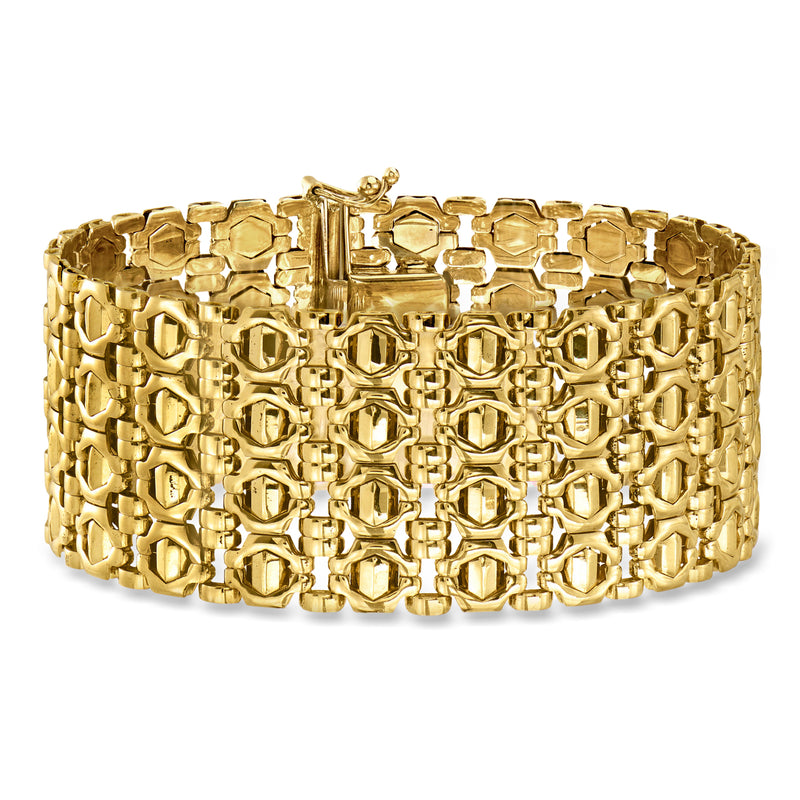 Vintage 14kt yellow gold wide fancy-link bracelet with textured chain links