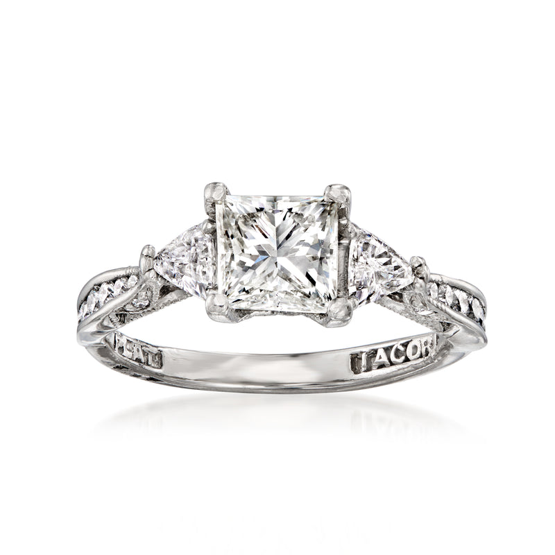 Platinum Tacori diamond ring with radiant-cut center stone and tapered side diamonds