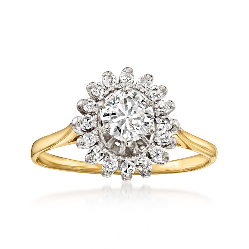 14kt yellow gold diamond cluster ring, round center with halo