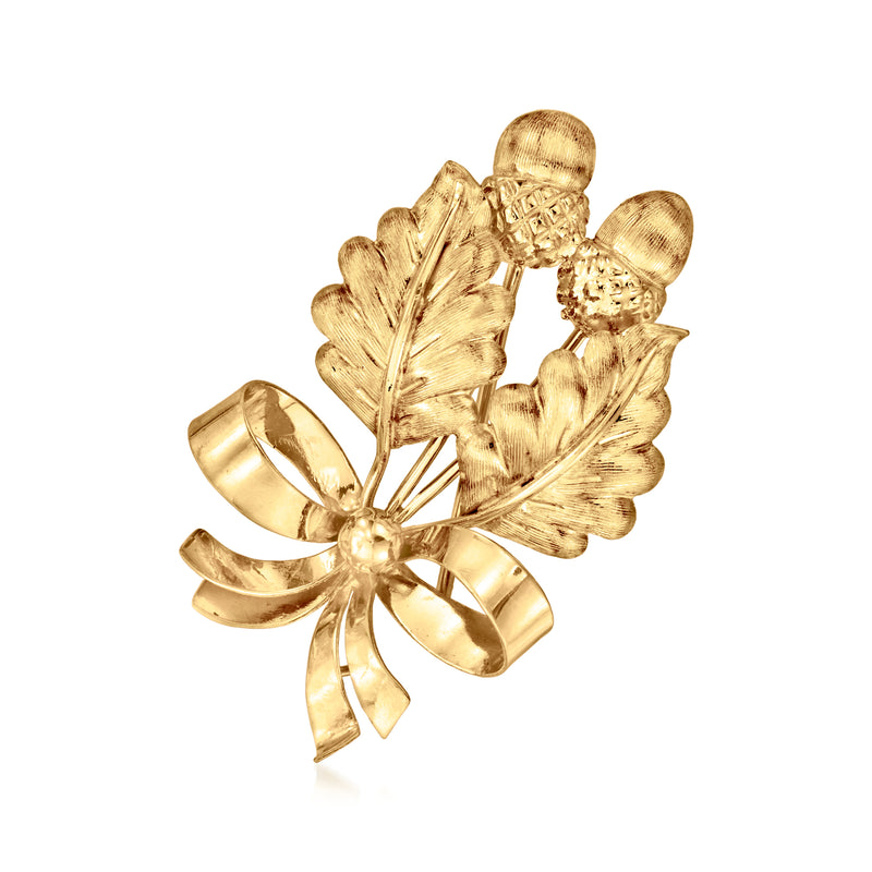 Vintage 18kt yellow gold acorn and bow pin with textured leaves