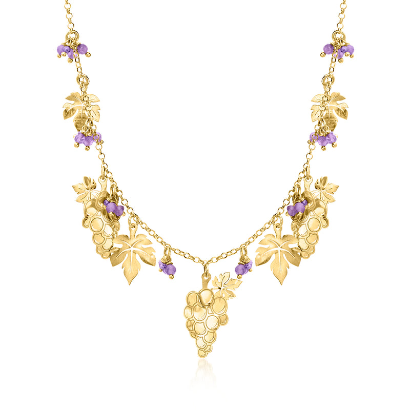 Gold over sterling amethyst bead grapevine necklace with purple bead clusters