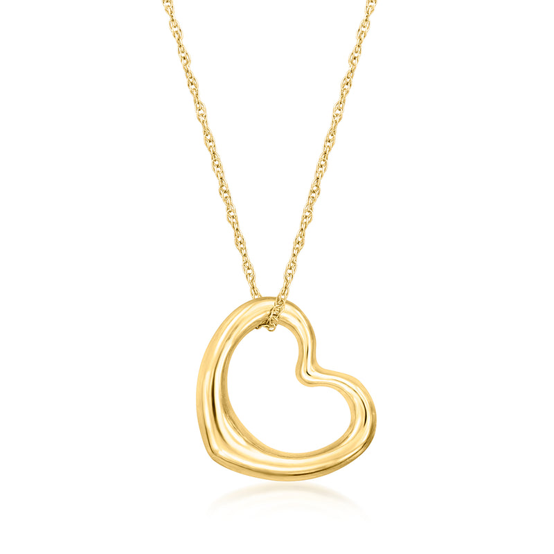 14kt yellow gold heart pendant necklace with open heart design and link chain