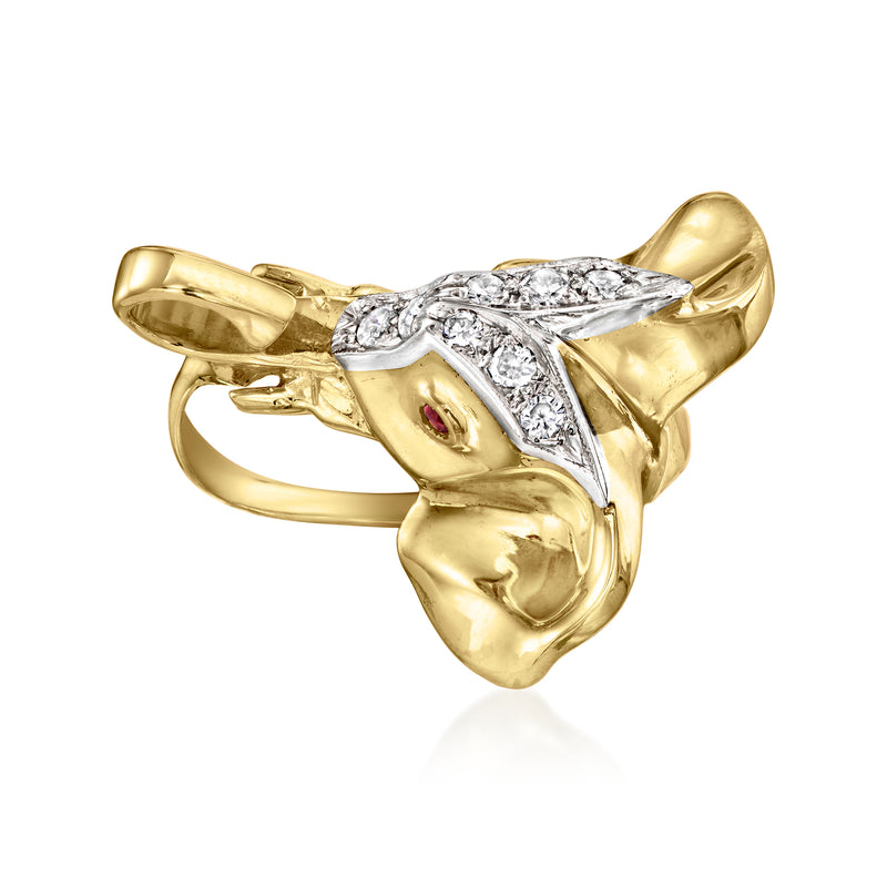 Vintage yellow gold elephant ring with diamond accents and ruby eye