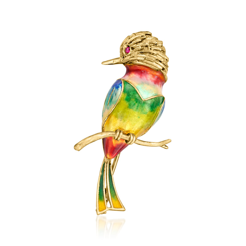 Yellow gold bird pin with multicolor enamel and ruby eye, detailed feathers