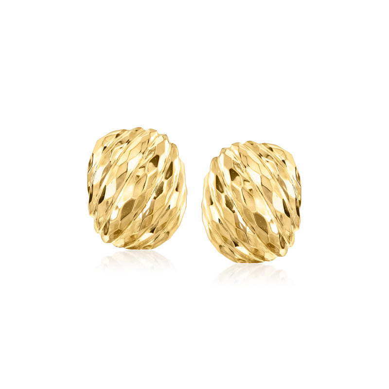 Vintage yellow gold ridged stud earrings, round textured discs