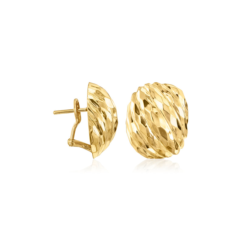 Vintage yellow gold ridged stud earrings with post and backing, textured disc