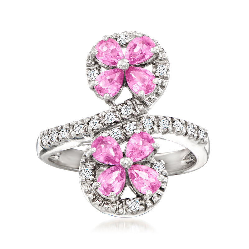 Vintage pink sapphire flower bypass ring in 14kt white gold with diamond accents