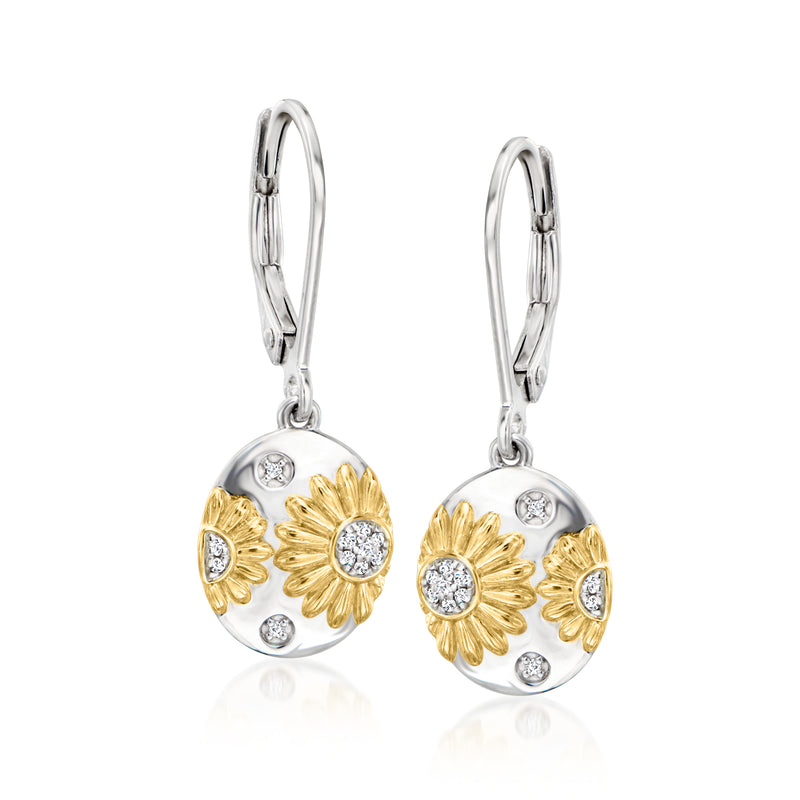 Sterling silver drop earrings with gold sunflower charms and sparkling round stones