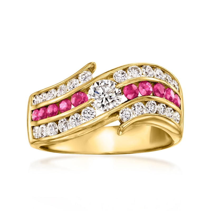 18kt yellow gold wave ring with diamonds and pink ruby stones across curved band