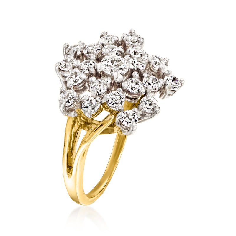 Back view vintage diamond cluster ring with round diamonds on yellow gold band