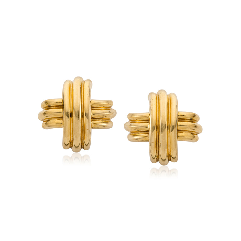 Vintage 18kt yellow gold X-style stud earrings, ribbed domed segments