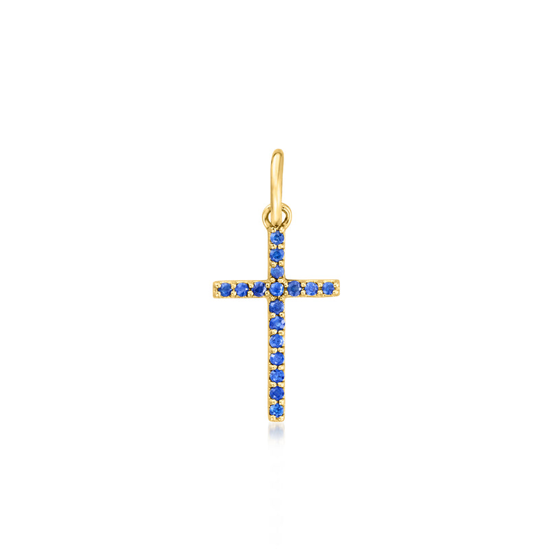 Yellow gold sapphire cross charm with blue stones