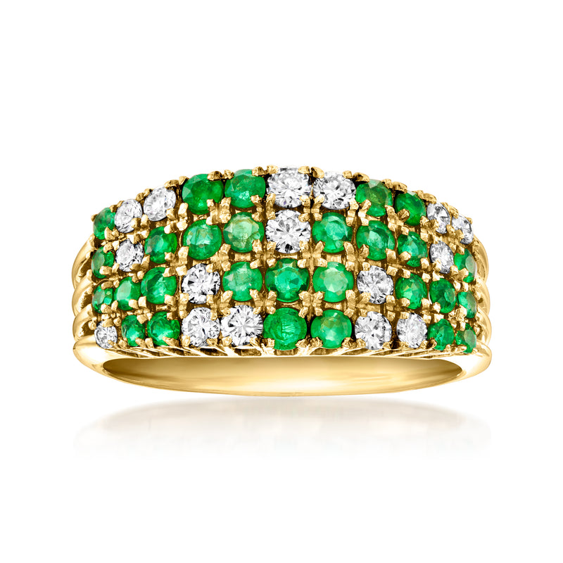 Vintage emerald and diamond ring, 18k yellow gold with green emerald and white diamond rows