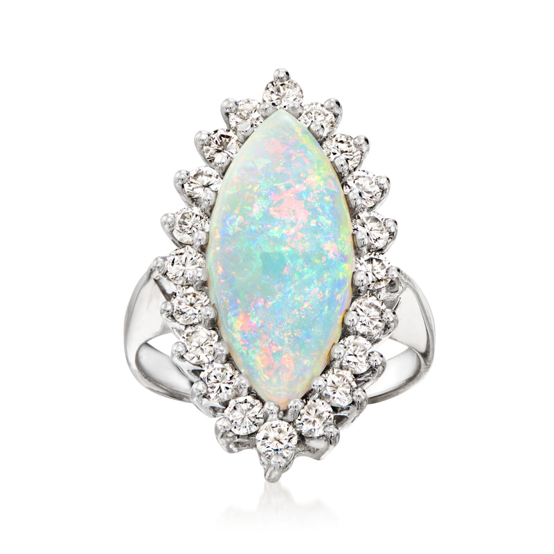 14kt white gold opal and diamond marquise halo ring, oval opal center