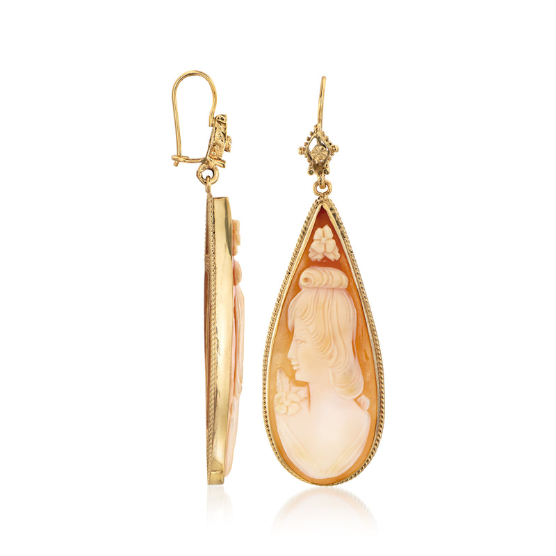 14kt yellow gold cameo teardrop earrings with brown shell and profile relief