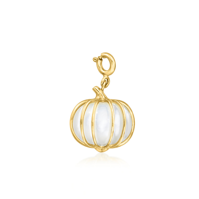 Gold pumpkin charm with white iridescent center and ribbed frame, loop bail