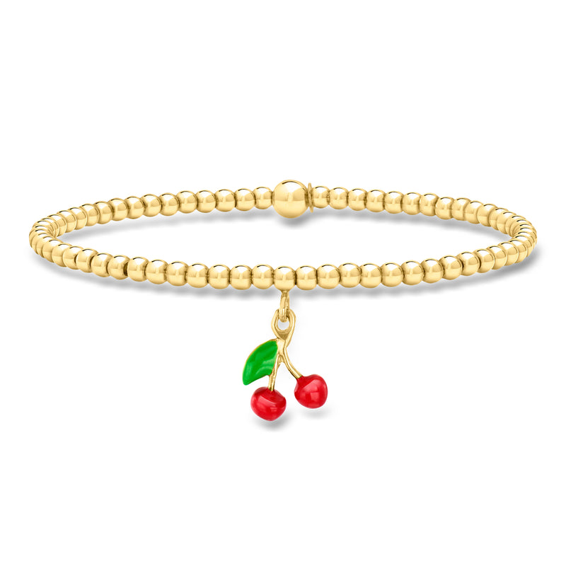 Gold bead stretch bracelet with enamel cherry charm dangle