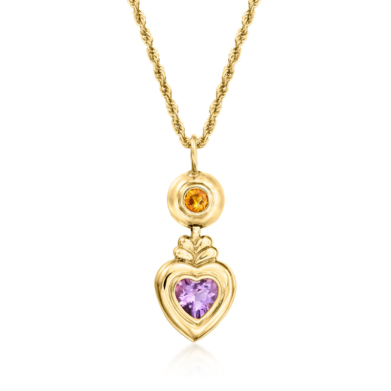 14kt yellow gold pendant necklace with heart amethyst and small round citrine accents