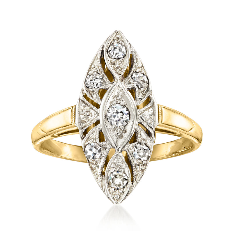 Vintage diamond filigree ring with oval center stones, two-tone 14kt gold