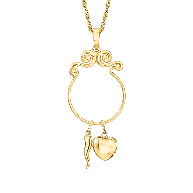 Gold charm holder pendant with scroll frame, open ring, and hanging heart charm