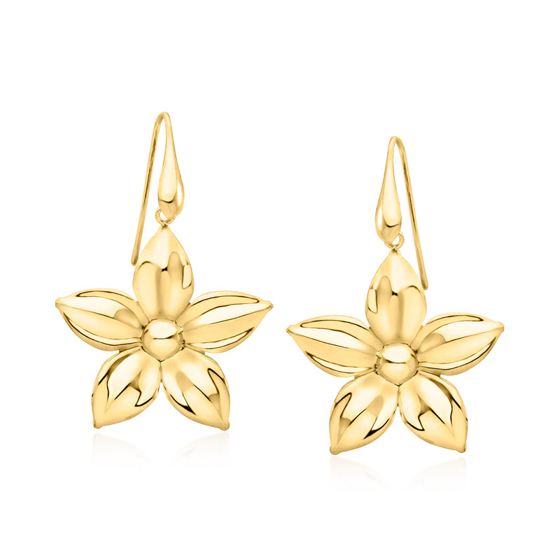 Gold flower drop earwire earrings, five petal shapes with a small round center