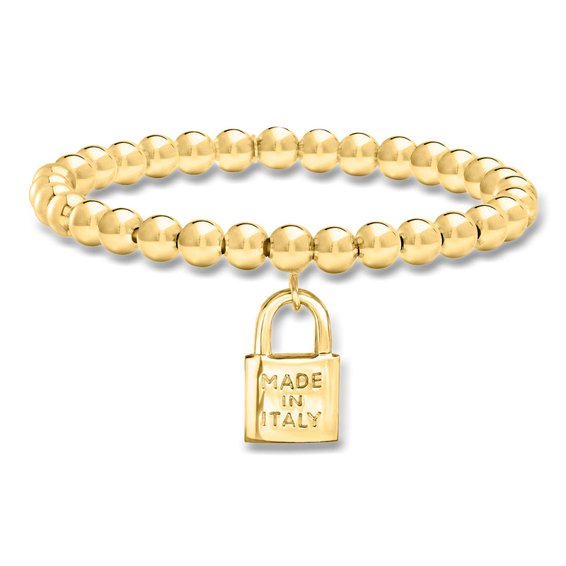 Gold over sterling bead stretch bracelet with padlock charm, “Made in Italy” engraving