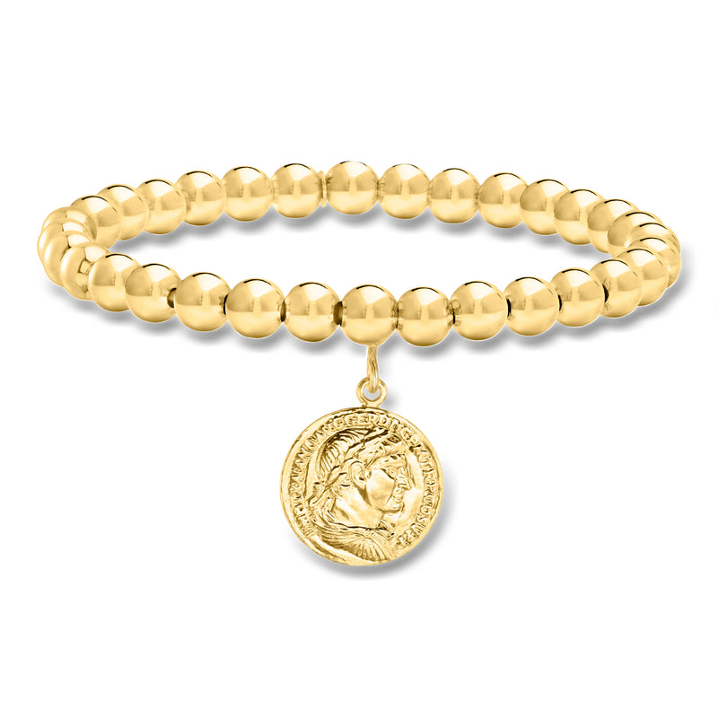 Gold-tone stretch bead bracelet with round coin charm dangle