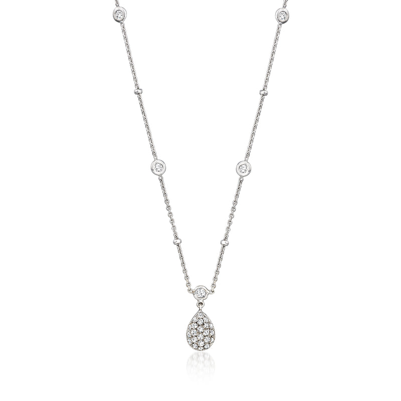 Diamond teardrop station necklace in 18k white gold, linked chain with teardrop pendant