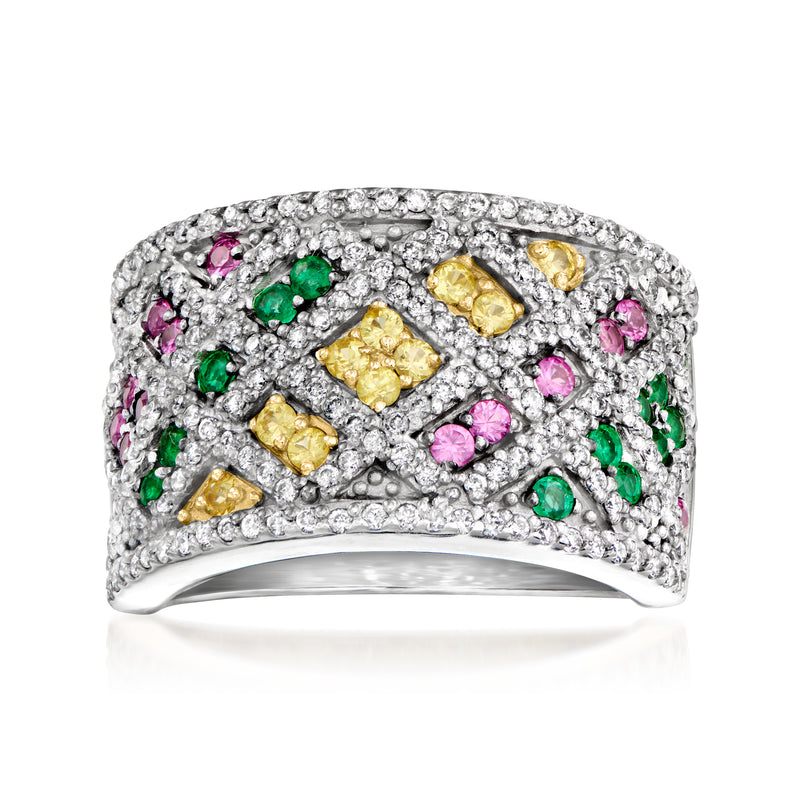 14kt white gold basketweave-style ring with pink, green, yellow gemstone accents
