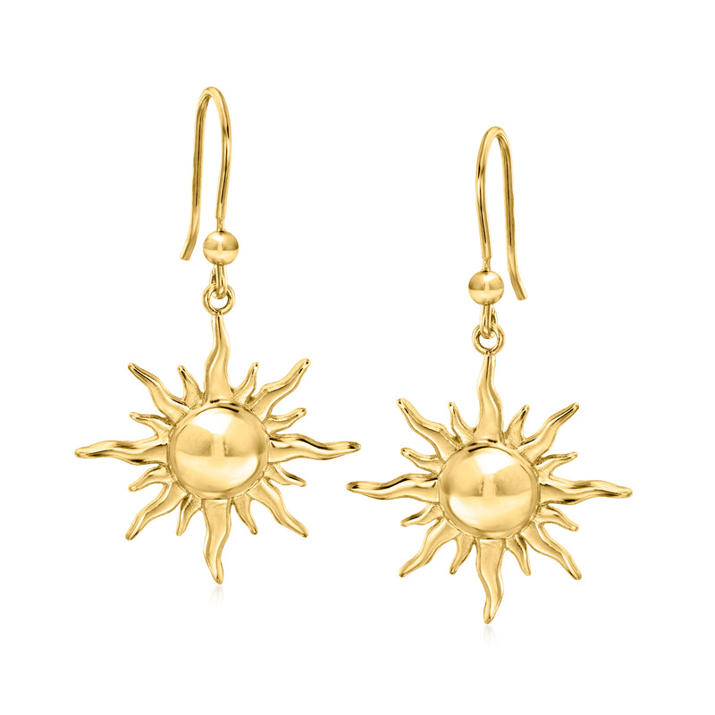 Gold sun dangle earrings with textured sun charm and earwire hooks