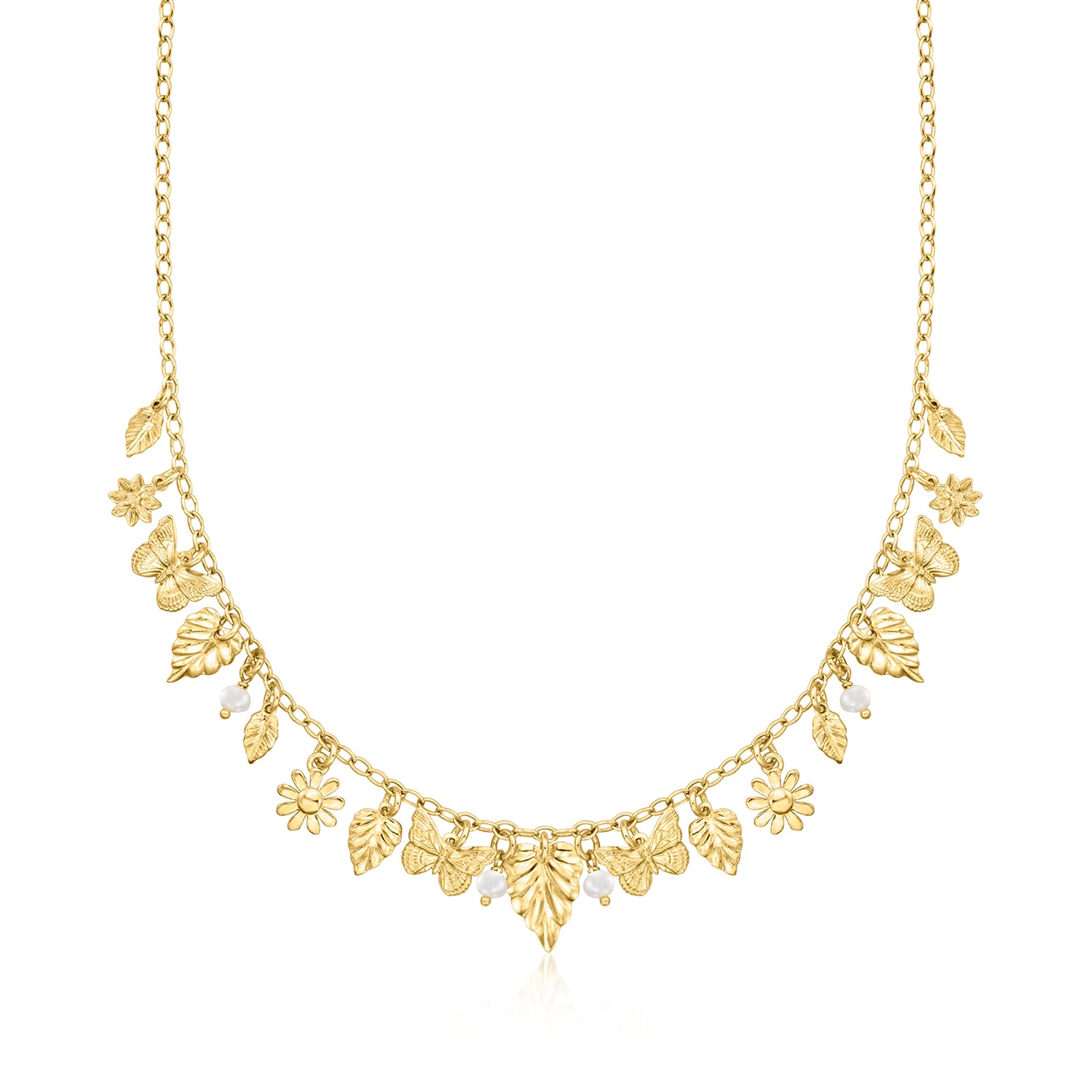 Italian 18kt Gold Over Sterling Spring-Inspired Charm Necklace with 3.5-4mm Cultured Pearls
