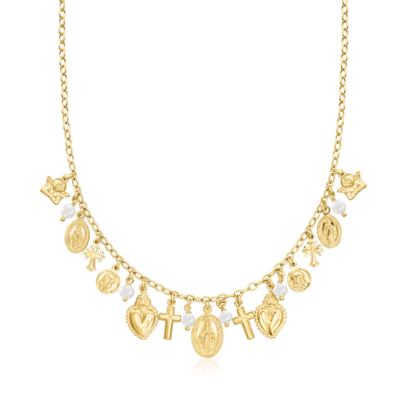 Gold-tone religious charm necklace with round cultured pearls and cross medallion charms