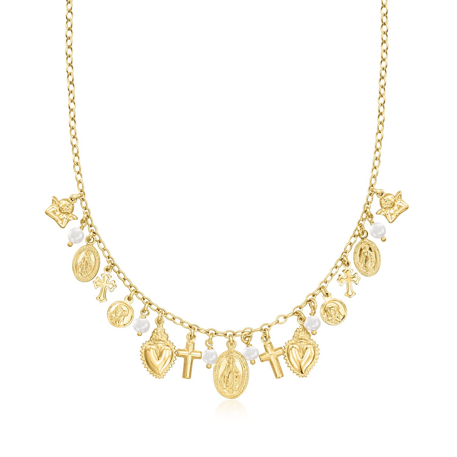 Italian 18kt Gold Over Sterling Religious-Inspired Charm Necklace with 4.5-5mm Cultured Pearls