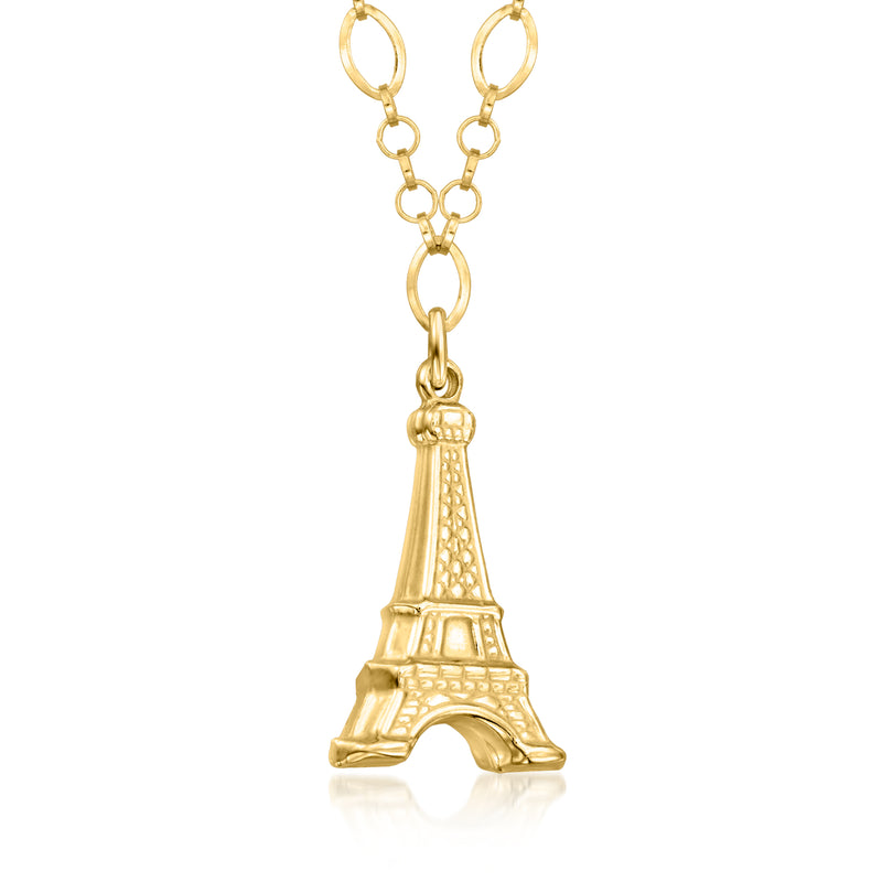 Gold over sterling Eiffel Tower pendant necklace, close-up front with reflective finish