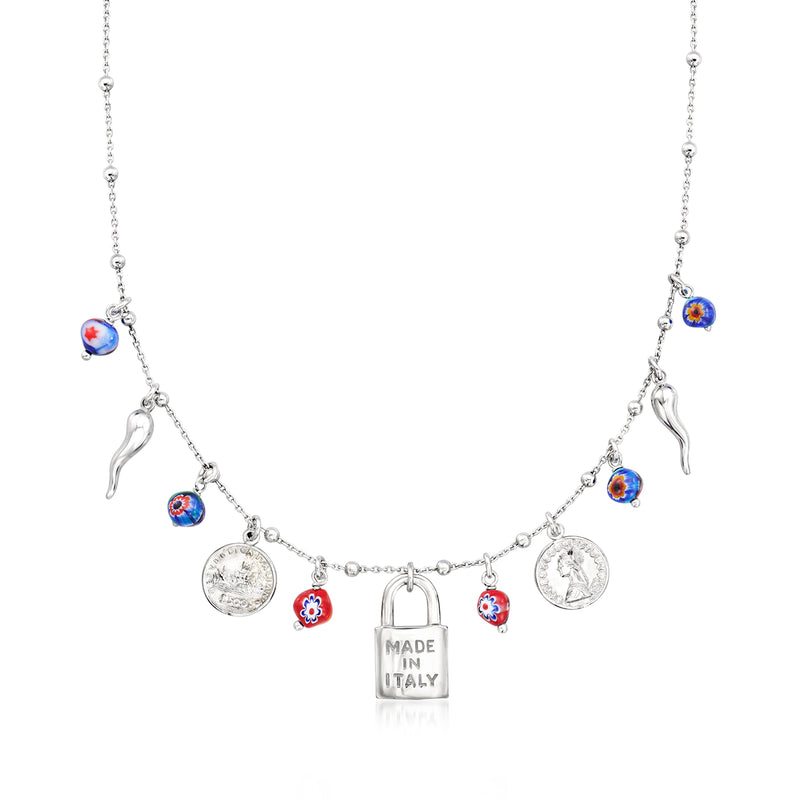 Sterling silver charm necklace with blue and red Murano-style glass beads and Italy tag