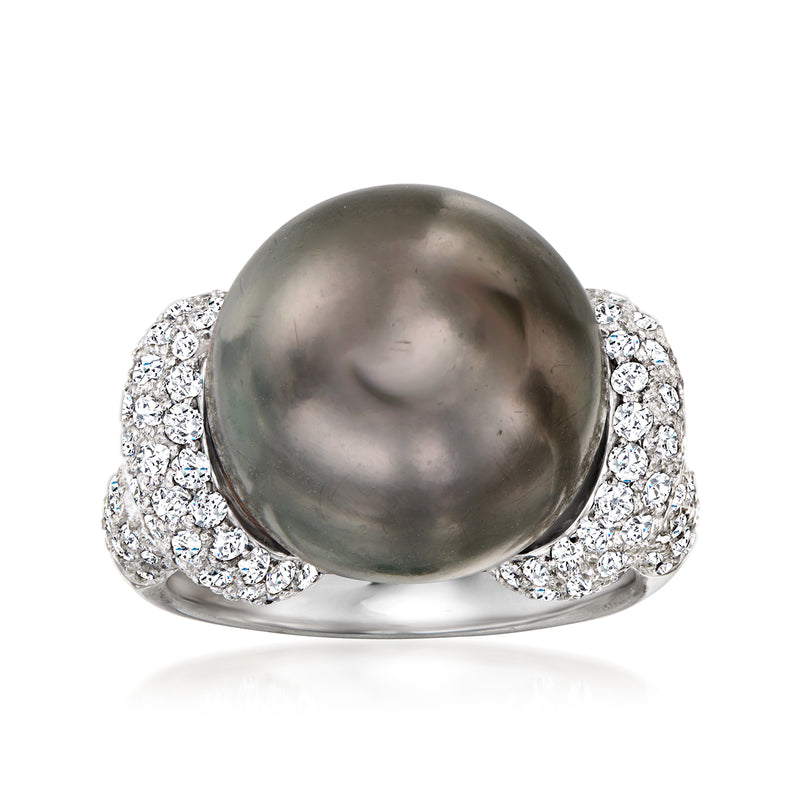 Cultured black South Sea pearl ring with round diamonds on 18kt white gold band