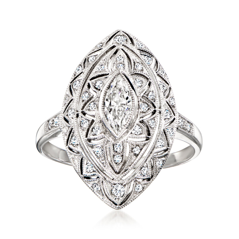 Vintage white gold filigree diamond ring with marquise center stone, size 7.5