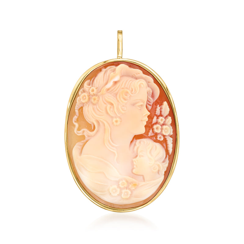 14kt yellow gold shell cameo pendant with mother and child profile, pink cameo