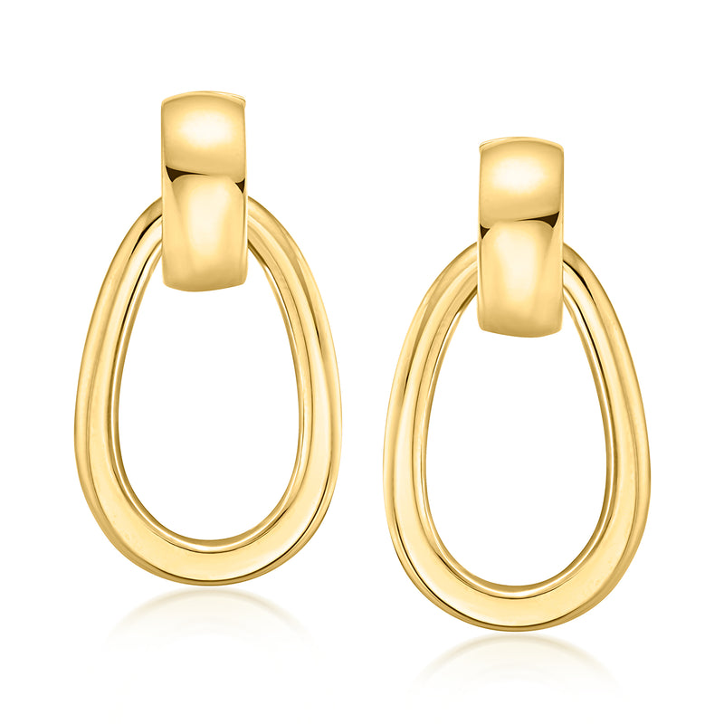 Yellow gold oval drop hoop earrings with hinged C-hoop top