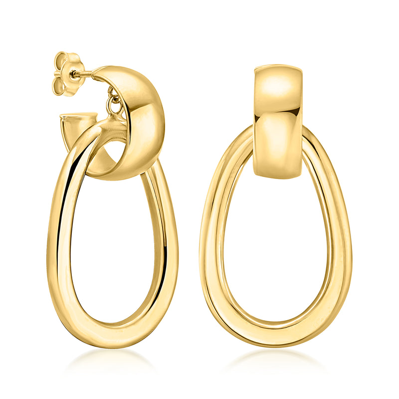 Yellow gold oval drop hoop earrings with visible back post and hinge