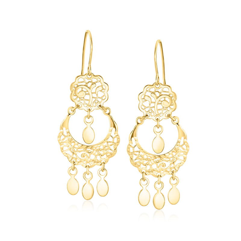 10kt yellow gold filigree chandelier earrings with teardrop dangle charms