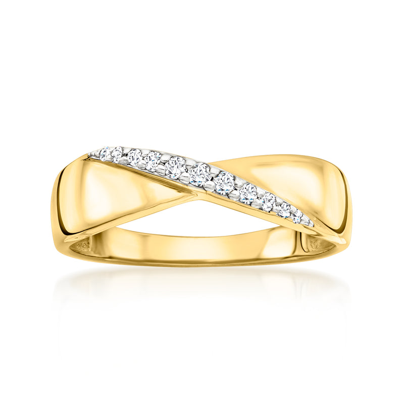 Gold diagonal diamond band ring with channel-set stones on polished setting.
